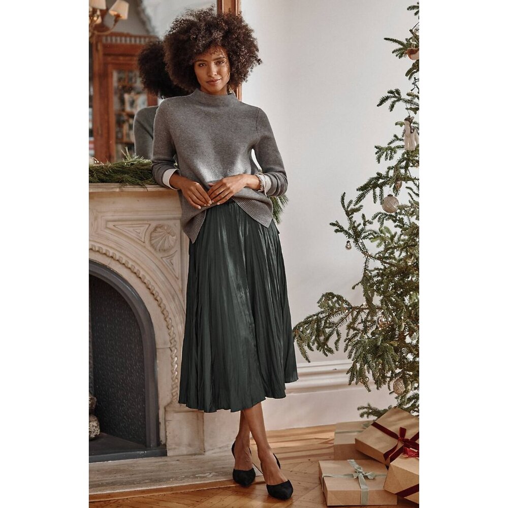 J. Jill Solstice Pleated Midi Skirt Oxford Grey Elastic Waist Crinkle MP NWT